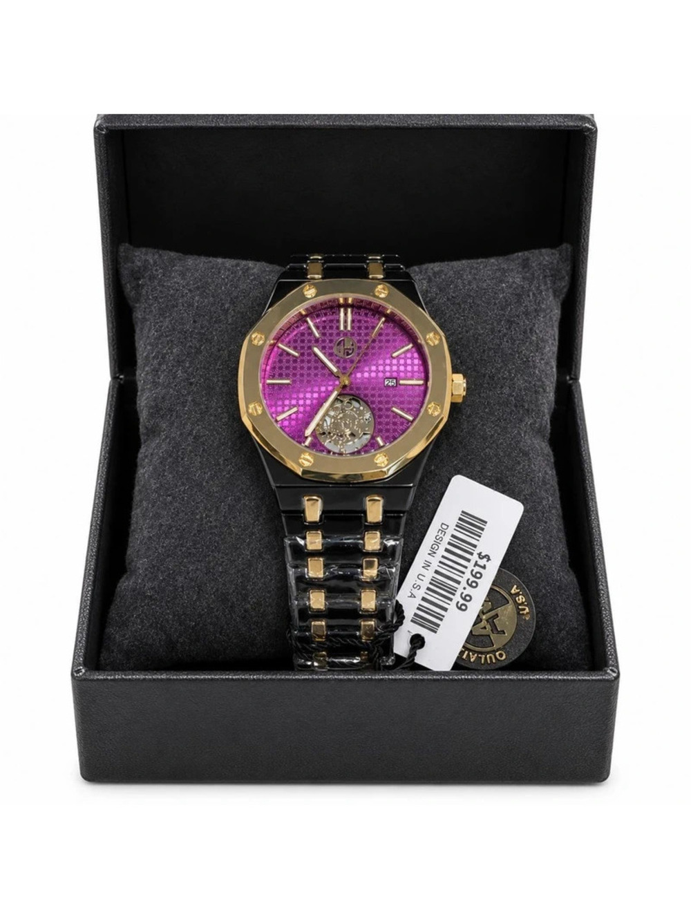 #825 Purple Dial Black and Gold Tone Watch 43mm NWT Box